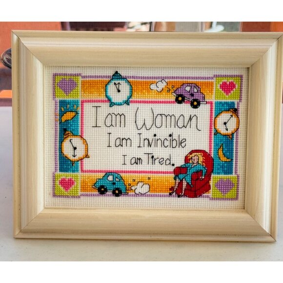 Cross-Stitch Wall Art With Wooden Frame "I Am Woman I Am Invincible I Am Tired" - Picture 3 of 6